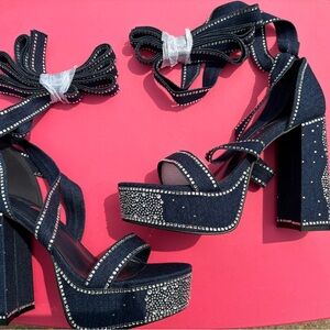 Elegant Denim Heels with Rhinestone Detailing